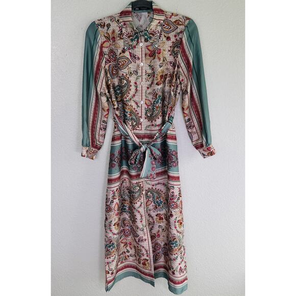 Zara Dresses & Skirts - Zara Dress Womens Small Satin Paisley Floral Shirt Belted Boho Midi Blogger Fave